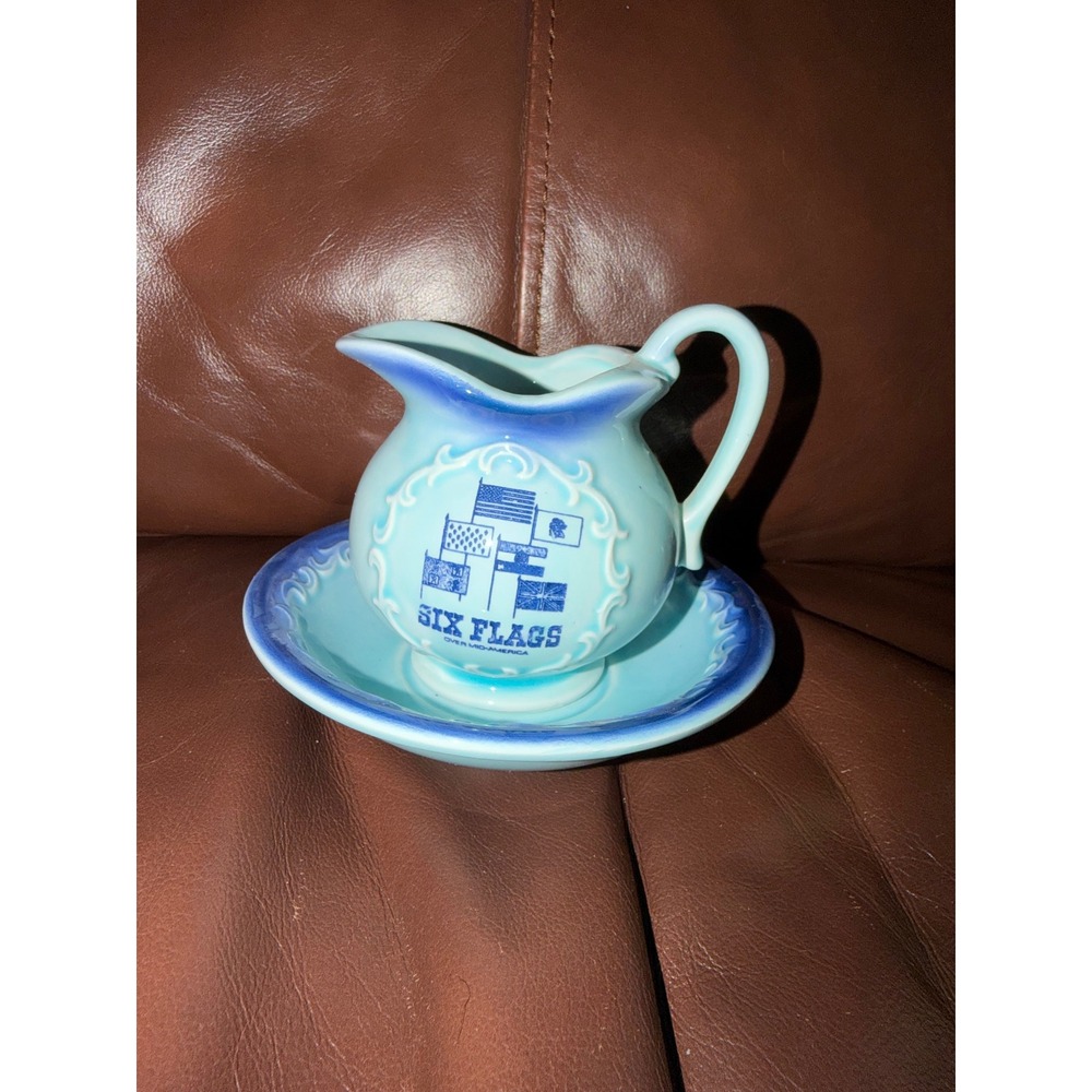 Vintage Six Flags Over Mid-America Blue‎ Ceramic Mini Creamer and Saucer Set